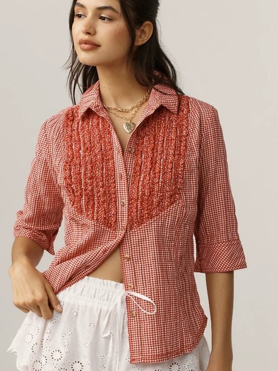 Pilcro Tops - Anthropologie Pilcro Pin Tuck Half -Sleeve Button Down Shirt